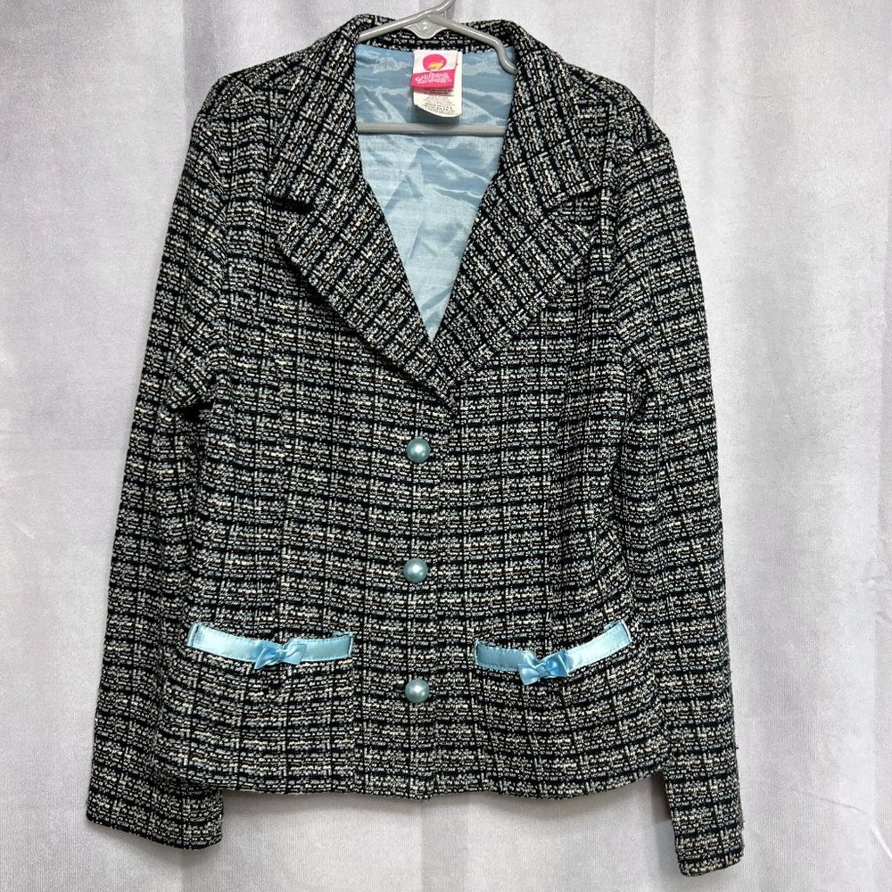 Vintage California Concepts Girls Cropped Tweed Blazer Black/White/Ice Blue L